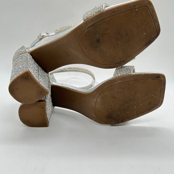 Womens Sandals 8W Wide Silver Rhinestones Open Toe‎ Block Heel C Comfort Brand - Picture 7 of 13